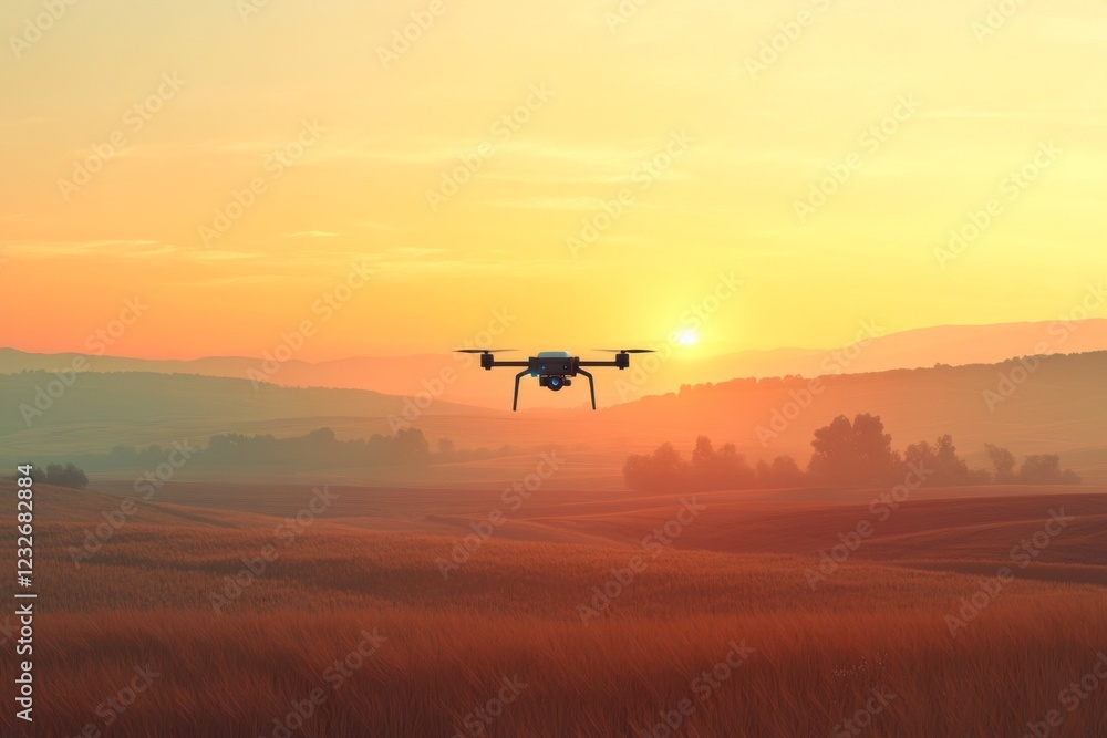 Drone flying over a desert during sunset Drone flying over a desert during sunset