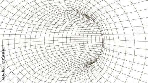 Graphic illusion of a tunnel. Holes in a funnel or mesh. Abstract 3D wireframe wormhole. Vector illustration.