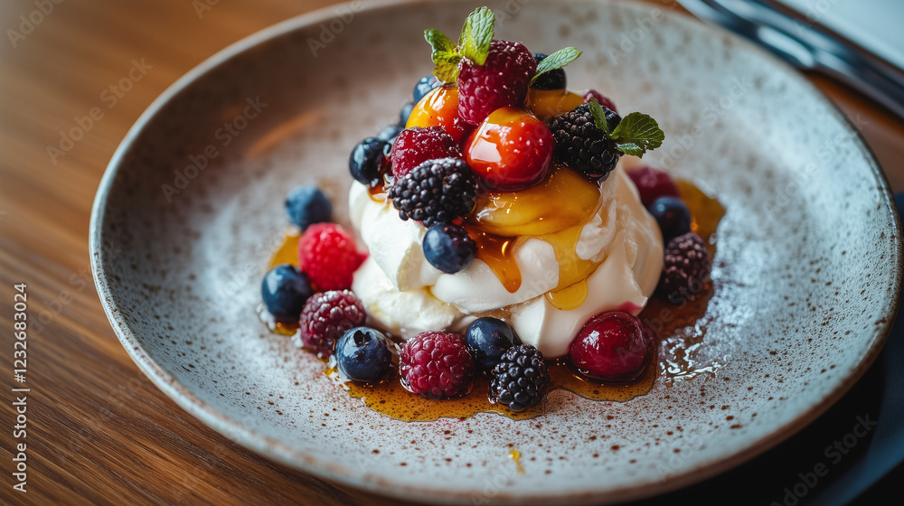 Pavlova topped with fresh berries and drizzled honey Pavlova topped with fresh berries and drizzled honey
