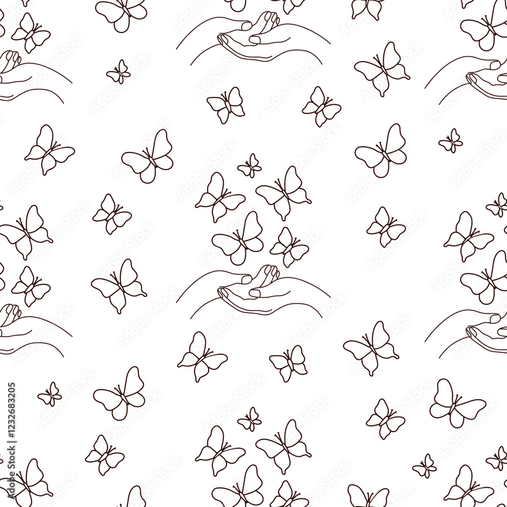 Seamless pattern. Outline butterflies fly out from palms of hands on white background. Line drawing, coloring book. Vector illustration. Zero discrimination day Seamless pattern. Outline butterflies fly out from palms of hands on white background. Line drawing, coloring book. Vector illustration. Zero discrimination day