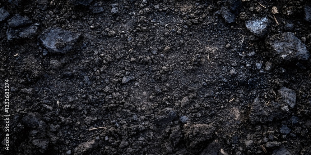 Close up view featuring dark grunge soil texture, showcasing rough and organic details, perfect for various backgrounds and designs Close up view featuring dark grunge soil texture, showcasing rough and organic details, perfect for various backgrounds and designs