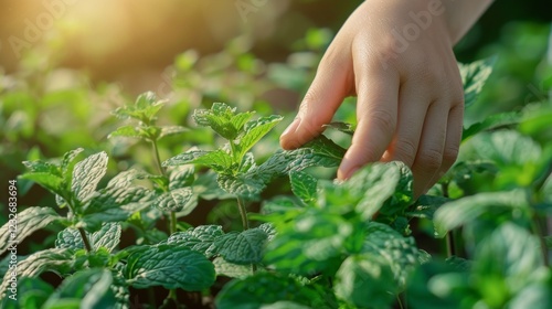 A hand gently touches the vibrant green mint leaves, beautifully showcasing the abundant beauty of natures bounty photo