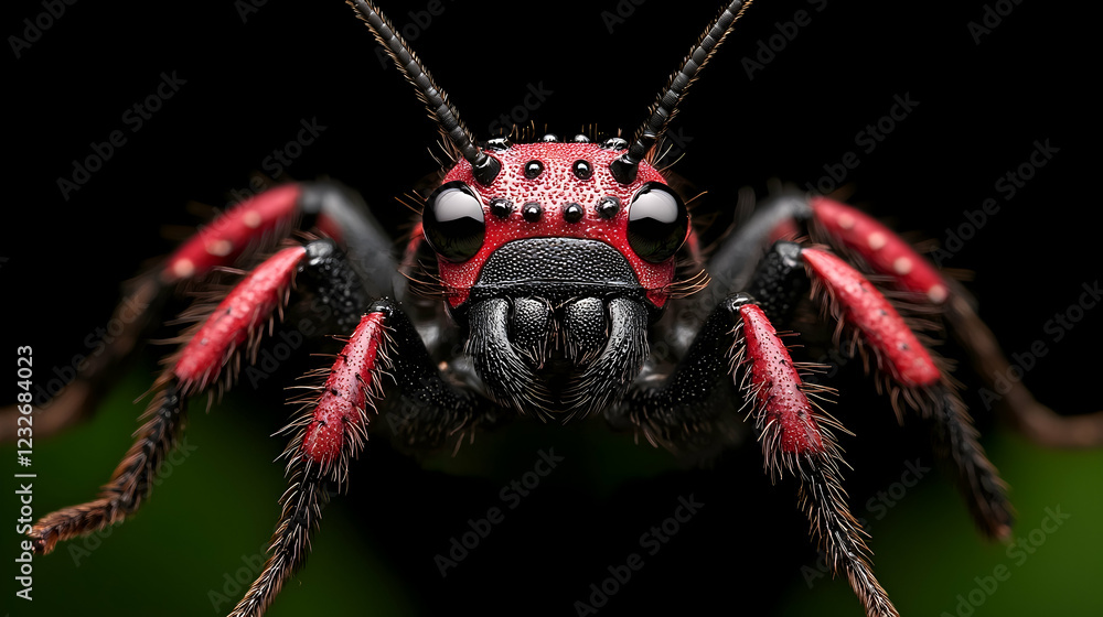 Fototapeta premium Red ant close-up, macro photography, dark background, nature study
