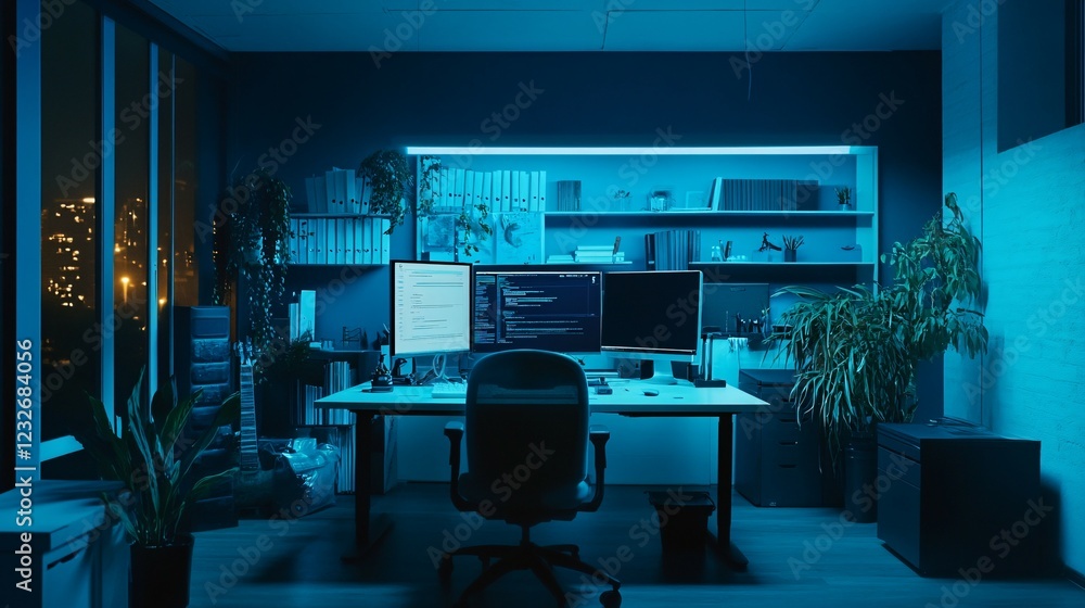 Modern Programmer Workspace Night Lighting Blue Hues Modern Programmer Workspace Night Lighting Blue Hues