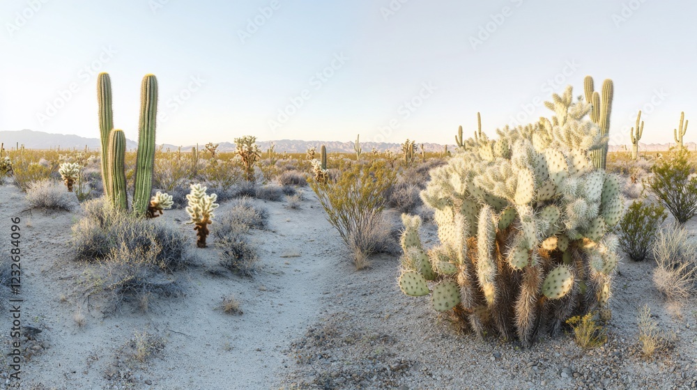 Fototapeta premium Desert cacti sunrise landscape panorama, travel, background