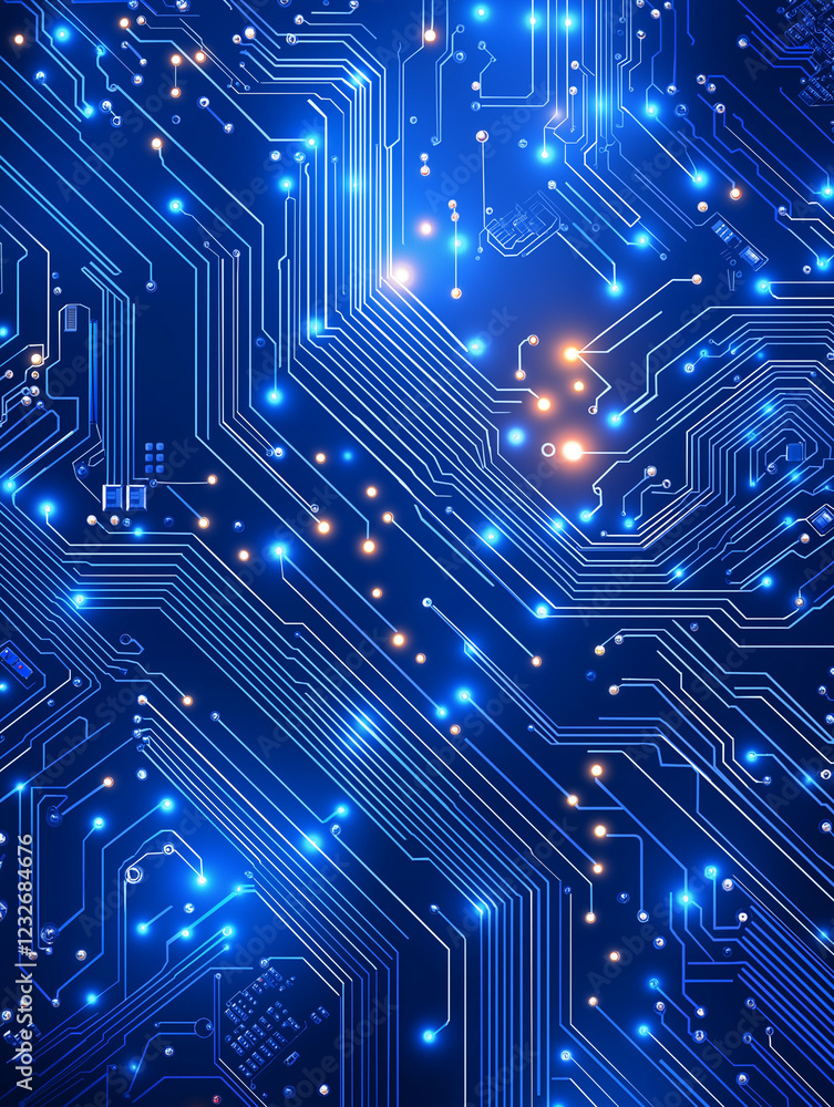 Glowing Circuit Board: Intricate pathways of a circuit board glow with vibrant blue and orange lights, creating a mesmerizing display of technological innovation. Glowing Circuit Board: Intricate pathways of a circuit board glow with vibrant blue and orange lights, creating a mesmerizing display of technological innovation.