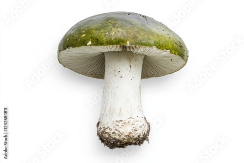 Mature Death Cap mushroom with olive-green cap and white stem, isolated on white, poisonous fungi species identification photo