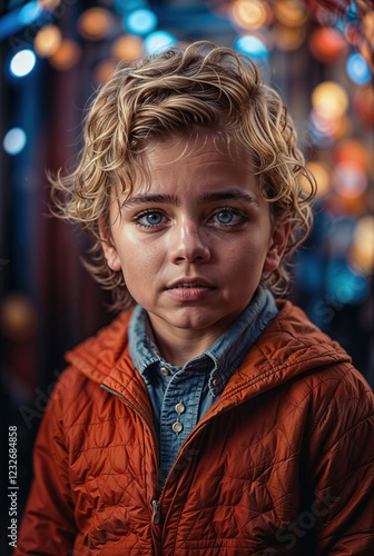 Realistic Portrait of a Handsome Young Boy with Blonde Hair and Blue Eyes, Wearing an Orange Jacket and Denim Shirt, Surrounded by Colorful Bokeh Lights, Generative AI