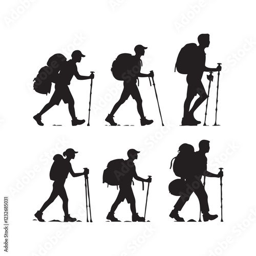 Set of silhouette of Hiking man. hikers with rucksacks and backpack silhouette.