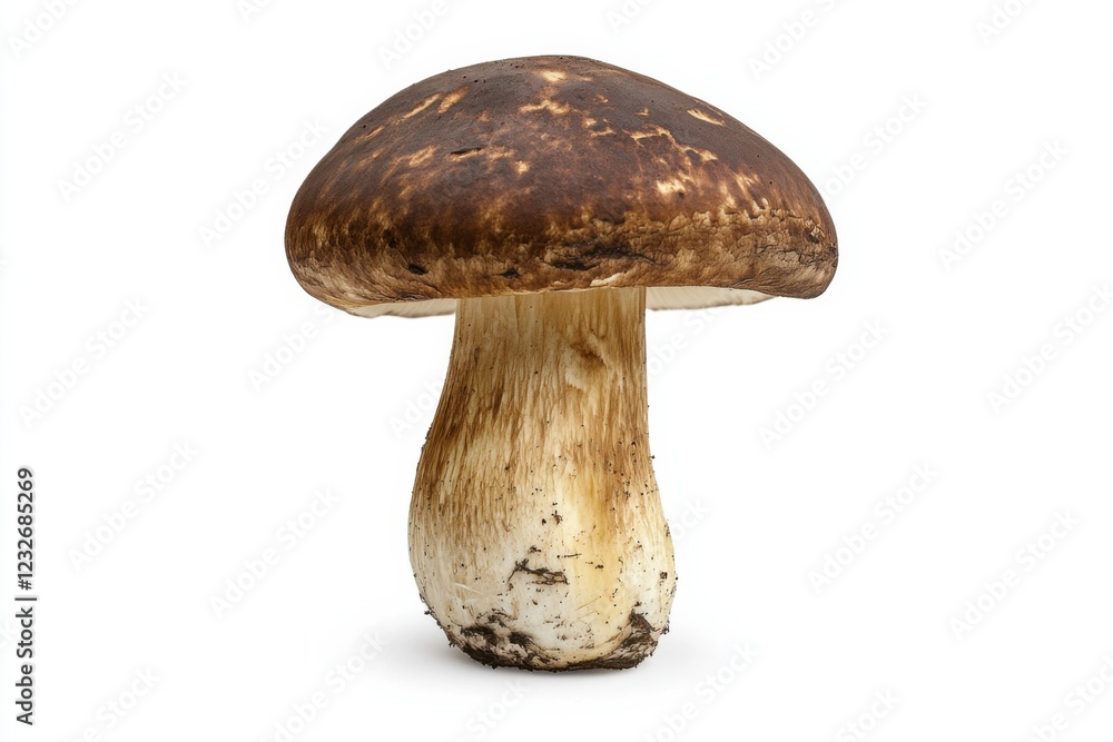 Mature Dotted Stem Bolete mushroom with brown cap and spotted stem, isolated on white background, mycology reference Mature Dotted Stem Bolete mushroom with brown cap and spotted stem, isolated on white background, mycology reference