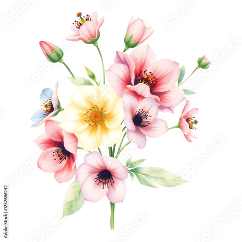 Delicate Watercolor Bouquet: A vibrant array of pink, white, and blue flowers, rendered in soft watercolor hues, evokes a sense of delicate beauty and effortless charm. The blooms.