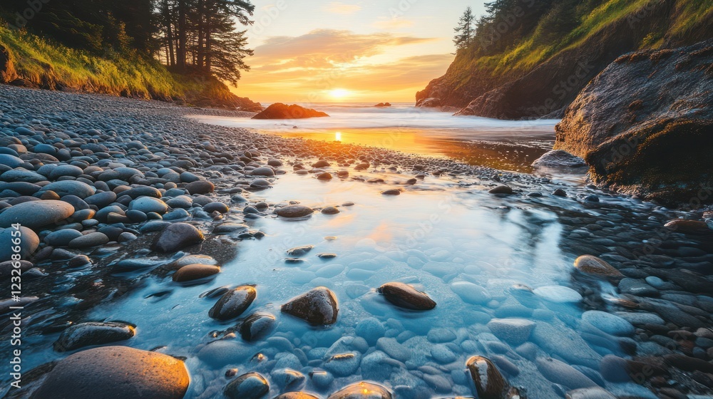 Naklejka premium Sunset over rocky beach cove, calm water, Pacific Northwest, travel poster