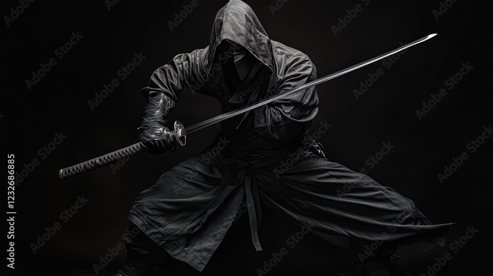 Shadowy Ninja Warrior wielding Katana, a dramatic monochrome image evoking power and mystery. Shadowy Ninja Warrior wielding Katana, a dramatic monochrome image evoking power and mystery.