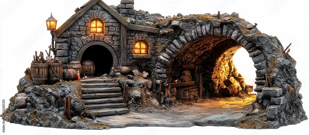 Fototapeta premium Lit Stone Cottage, Cave Workshop, Fantasy Setting