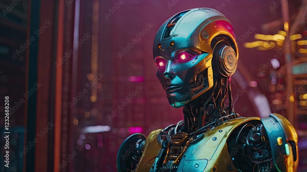 Close up of a female robot in the Science fiction museum. Close up of a female robot in the Science fiction museum.