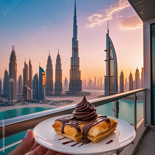delicious waffles with chocolate and cream on the background of the Dubai skyline