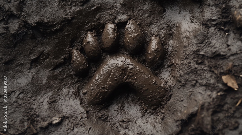 Naklejka premium Mud, paw print, forest floor, wildlife tracking, nature background