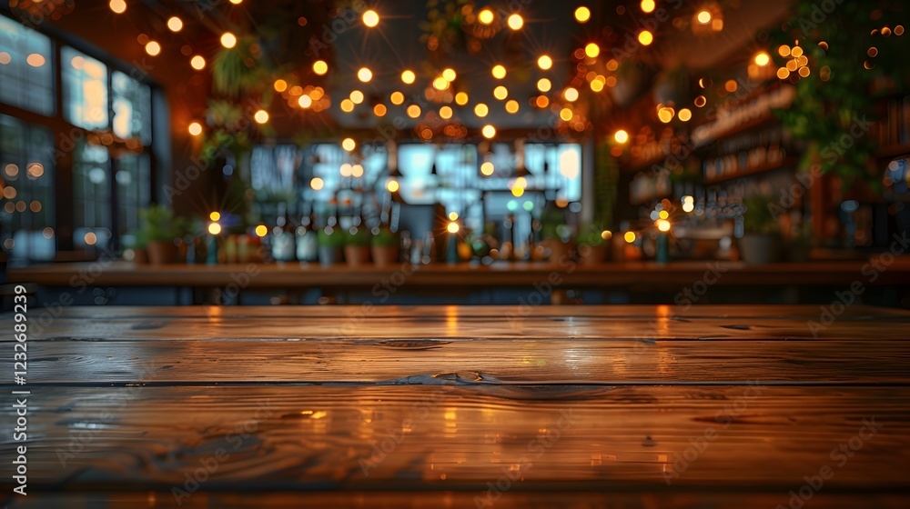 Wooden Table Top with Twinkling Lights Against Blurred Restaurant Background Wooden Table Top with Twinkling Lights Against Blurred Restaurant Background