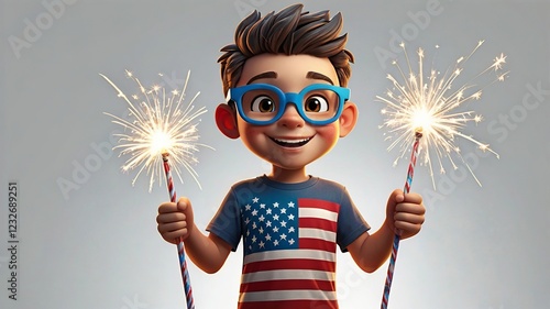 Cheerful Cartoon Boy with Sparklers