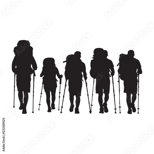 Set of silhouette of Hiking man. hikers with rucksacks and backpack silhouette.