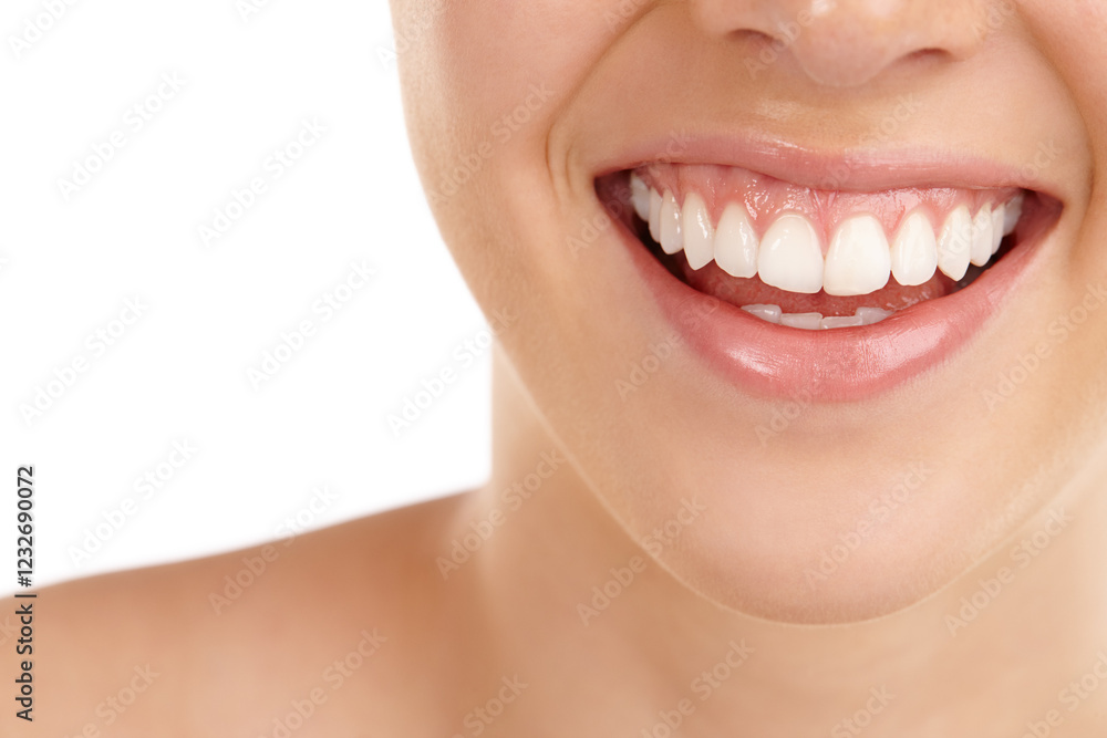 Obraz premium Woman, mouth and dental smile in studio, teeth and cosmetic veneers on white background. Female person, orthodontics pride and whitening treatment for self care, oral hygiene and enamel protection