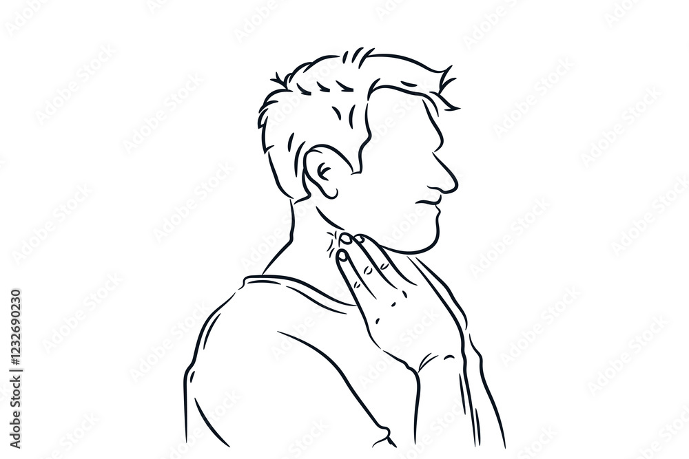 Man touches his sore neck throat. Hand drawn line art vector illustration