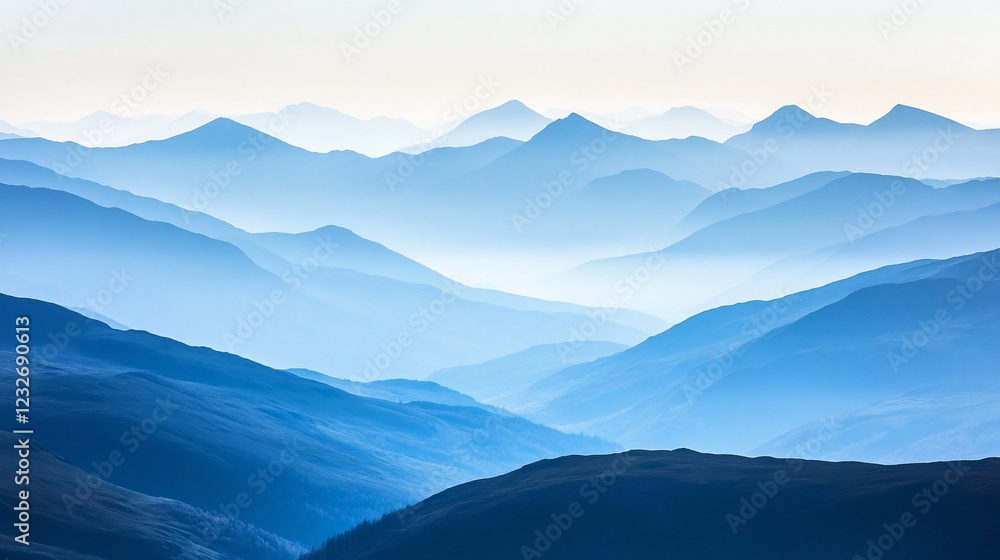 Fototapeta premium Misty Blue Mountain Range Sunrise, Calm Landscape, Serenity