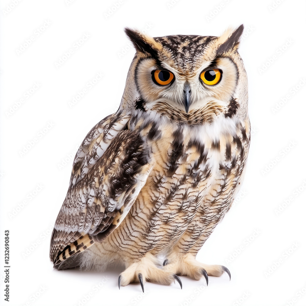 Obraz premium Majestic owl with striking eye patterns, perched against a white background, wildlife portrait for nature enthusiasts