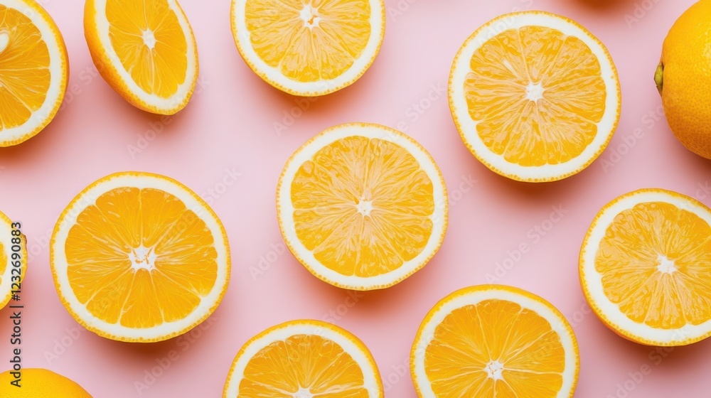 Sliced oranges arranged on pink background. Sliced oranges arranged on pink background.