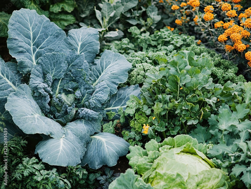 Naklejka premium A Lush Garden Displaying Vibrant Vegetables and Flowers in a Natural Setting