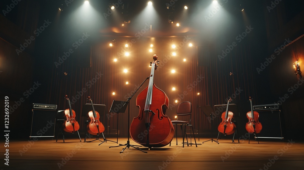 Fototapeta premium Double bass on concert stage, string instruments, spotlight, performance