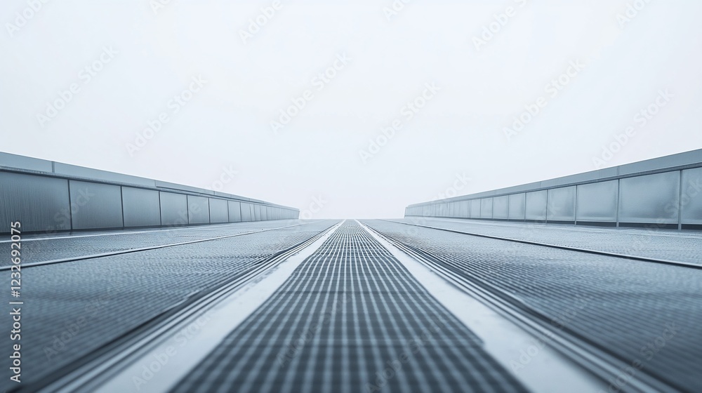 Fototapeta premium Foggy airport moving walkway, vanishing point, travel, transportation