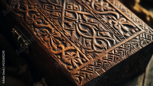 Intricate carved wooden box, dark background, close-up, rustic setting, jewelry storage photo