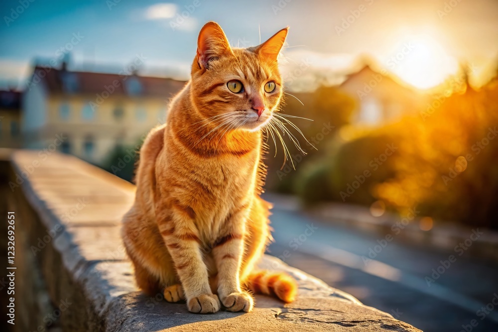 Sun-Kissed Ginger Cat: Damaged Ear, Concrete Wall, Sunny Day Stock Photo Sun-Kissed Ginger Cat: Damaged Ear, Concrete Wall, Sunny Day Stock Photo