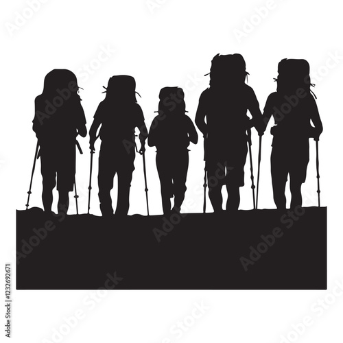 Set of silhouette of Hiking man. hikers with rucksacks and backpack silhouette.