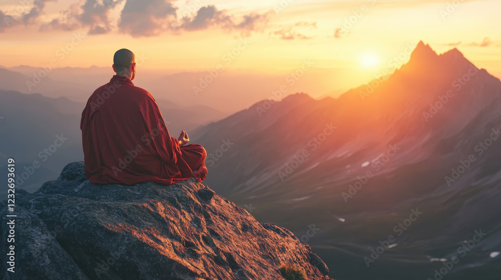 Obraz premium monk in a red robe meditating atop a mountain at sunrise, overlooking a breathtaking landscape bathed in golden light, symbolizing peace, spirituality, and mindfulness