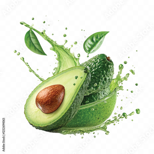 abstract 3d green fruit avocado with juicy splash isolated on white background