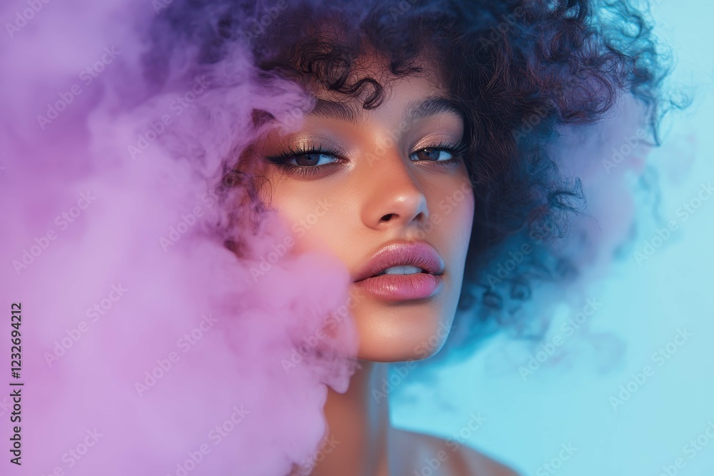 Close-up portrait of a woman with curly hair surrounded by vibrant colored smoke on a blue background Close-up portrait of a woman with curly hair surrounded by vibrant colored smoke on a blue background