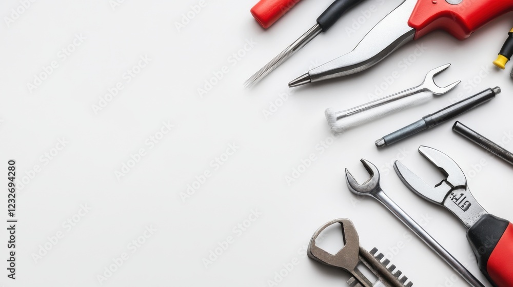 A Diverse Array of Hand Tools Organized on a Light Background, Featuring Wrenches, Screwdrivers, Pliers, and Various Equipment for Home Repair and Maintenance Tasks A Diverse Array of Hand Tools Organized on a Light Background, Featuring Wrenches, Screwdrivers, Pliers, and Various Equipment for Home Repair and Maintenance Tasks