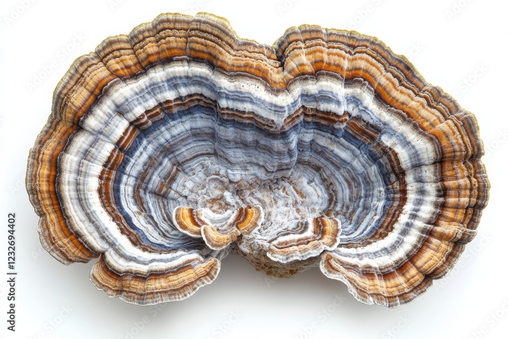 Turkey Tail mushroom with concentric bands of brown, white and blue, isolated on white, medicinal fungi concept Turkey Tail mushroom with concentric bands of brown, white and blue, isolated on white, medicinal fungi concept