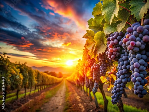 Sunset Vineyard: Ripe Dark Grapes on Vines at Golden Hour photo