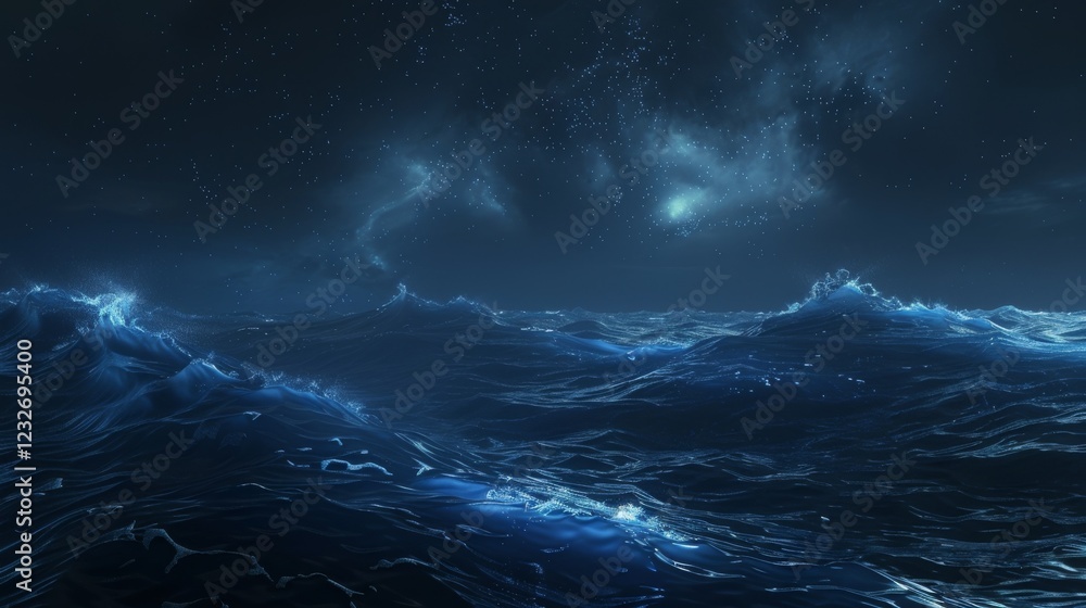 Fototapeta premium Enchanting Bioluminescent Plankton Lighting Up the Night Ocean Waters with Soft Blue Glow, Creating a Magical Scene