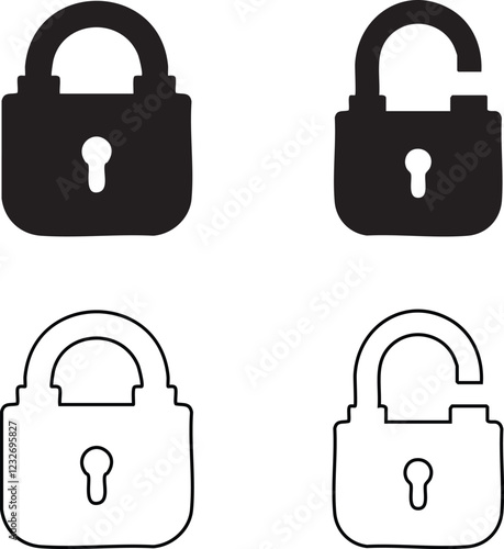 Black isolated icon of locked and unlocked lock on white background eps