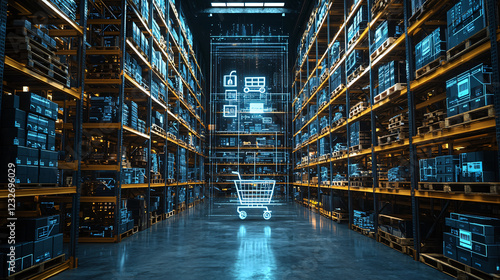 A modern warehouse with towering shelves, a holographic dynamic graph, and a digital shopping cart symbolizing online retail logistics. photo