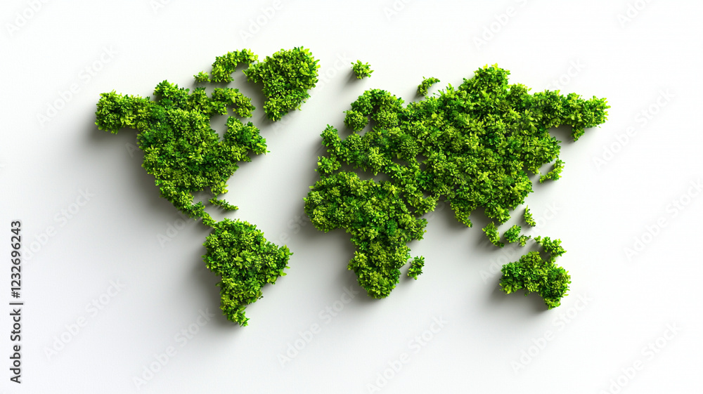 A green world map made from leafy plants on a white background, symbolizing environmental sustainability and global conservation efforts
