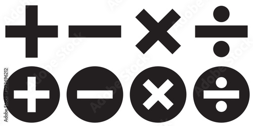 basic mathematics symbols collection plus minus equal divide multiply icon set. Basic mathematical symbol. Plus and minus icon set. Math symbol. Multiply icon. Equals symbol, division symbol, 