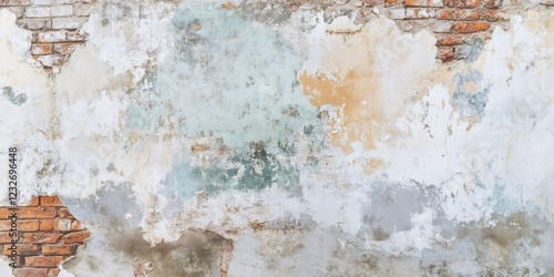 Old weathered brick wall texture with peeling paint and grunge effects, creating a vintage and rustic backdrop
