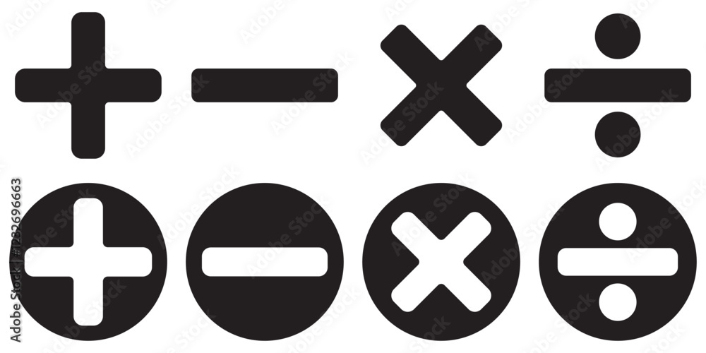 Fototapeta premium basic mathematics symbols collection plus minus equal divide multiply icon set. Basic mathematical symbol. Plus and minus icon set. Math symbol. Multiply icon. Equals symbol, division symbol, 