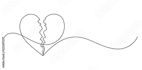Broken heart. Continuous line drawing.