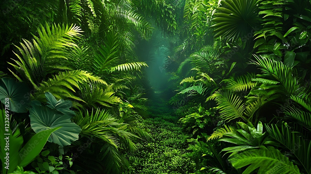Obraz premium Lush tropical forest path illuminated by soft light, inviting exploration and tranquility.
